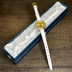 Vivani Quartz Watch with Gold Tone Crystal White Leather Strap And Crystal Bezel